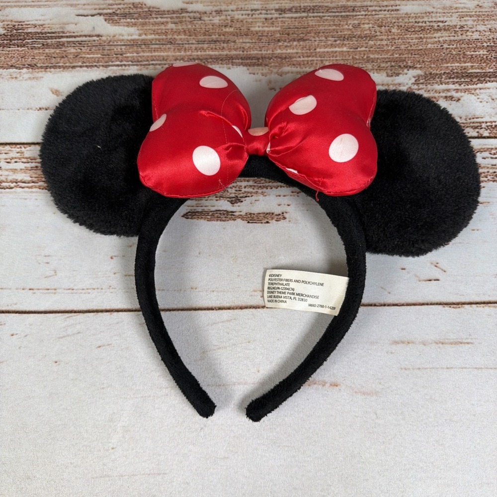 Disney Parks Classic Minnie Mouse Ears Headband Red White Polka Dot Satin Bow